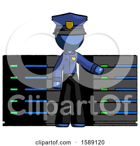 Blue Police Man with Server Racks, in Front of Two Networked Systems by Leo Blanchette