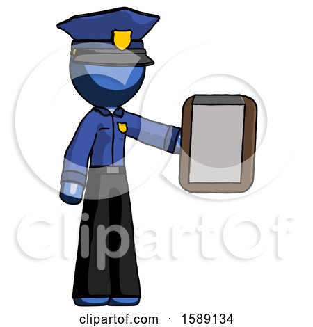 Blue Police Man Showing Clipboard to Viewer by Leo Blanchette