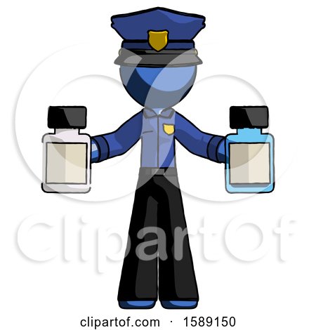 Blue Police Man Holding Two Medicine Bottles by Leo Blanchette