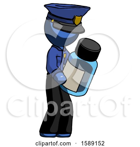 Blue Police Man Holding Glass Medicine Bottle by Leo Blanchette