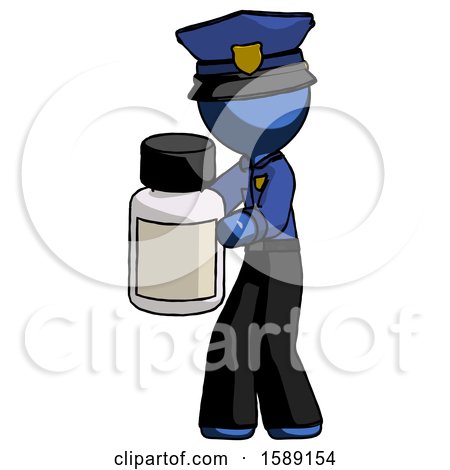 Blue Police Man Holding White Medicine Bottle by Leo Blanchette