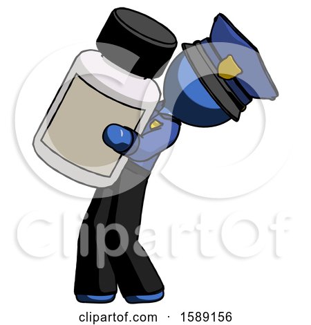 Blue Police Man Holding Large White Medicine Bottle by Leo Blanchette