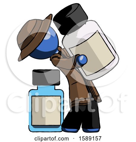 Blue Detective Man Holding Large White Medicine Bottle with Bottle in Background by Leo Blanchette
