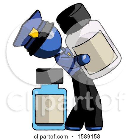 Blue Police Man Holding Large White Medicine Bottle with Bottle in Background by Leo Blanchette