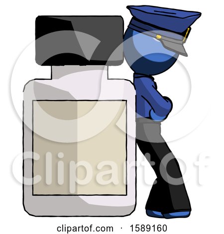 Blue Police Man Leaning Against Large Medicine Bottle by Leo Blanchette