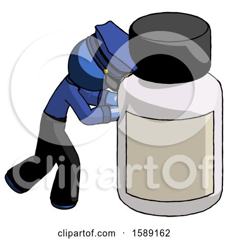 Blue Police Man Pushing Large Medicine Bottle by Leo Blanchette