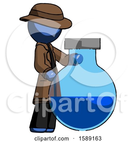 Blue Detective Man Standing Beside Large Round Flask or Beaker by Leo Blanchette