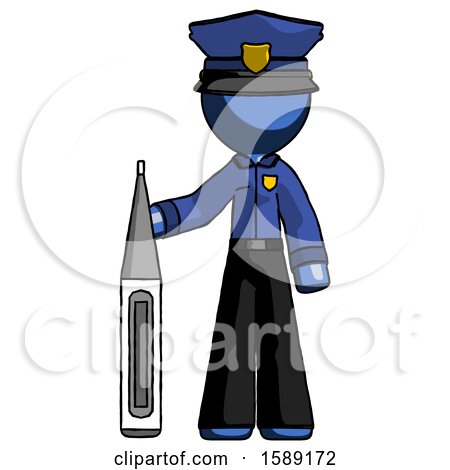 Blue Police Man Standing with Large Thermometer by Leo Blanchette