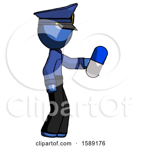 Blue Police Man Holding Blue Pill Walking to Right by Leo Blanchette