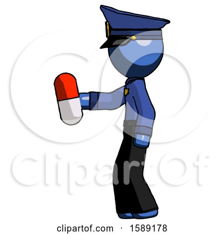 Blue Police Man Holding Red Pill Walking to Left by Leo Blanchette