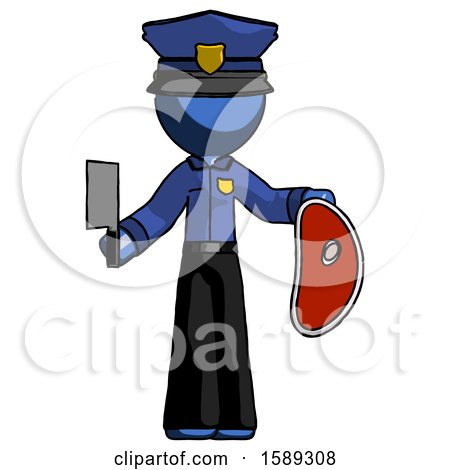 Blue Police Man Holding Large Steak with Butcher Knife by Leo Blanchette