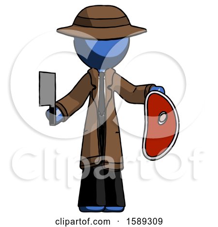 Blue Detective Man Holding Large Steak with Butcher Knife by Leo Blanchette