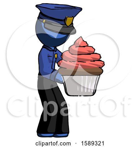 Blue Police Man Holding Large Cupcake Ready to Eat or Serve by Leo Blanchette