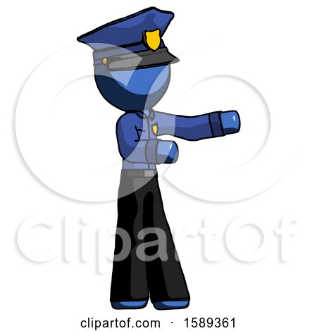Blue Police Man Presenting Something to His Left by Leo Blanchette