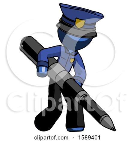 Blue Police Man Writing with a Really Big Pen by Leo Blanchette