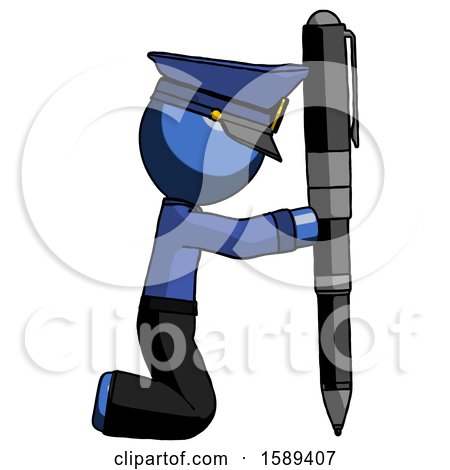 Blue Police Man Posing with Giant Pen in Powerful yet Awkward Manner. by Leo Blanchette