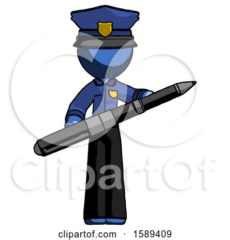 Blue Police Man Posing Confidently with Giant Pen by Leo Blanchette