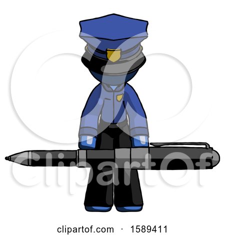 Blue Police Man Weightlifting a Giant Pen by Leo Blanchette
