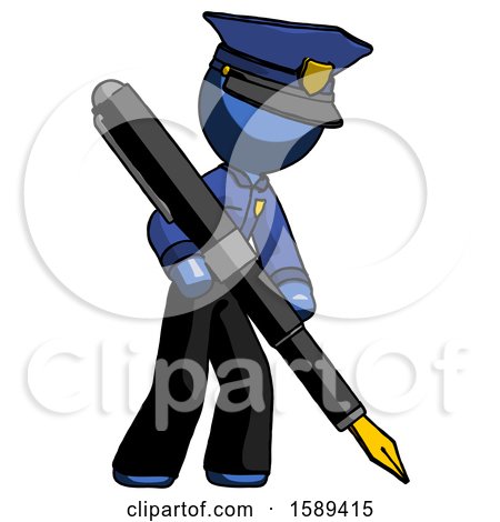 Blue Police Man Drawing or Writing with Large Calligraphy Pen by Leo Blanchette