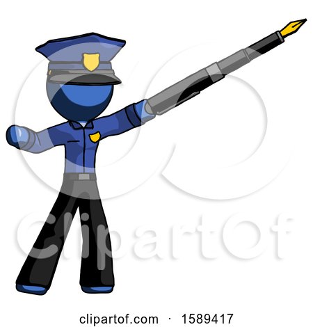 Blue Police Man Pen Is Mightier Than the Sword Calligraphy Pose by Leo Blanchette