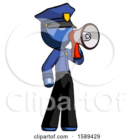 Blue Police Man Shouting into Megaphone Bullhorn Facing Right by Leo Blanchette