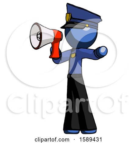 Blue Police Man Shouting into Megaphone Bullhorn Facing Left by Leo Blanchette