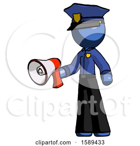Blue Police Man Holding Megaphone Bullhorn Facing Right by Leo Blanchette
