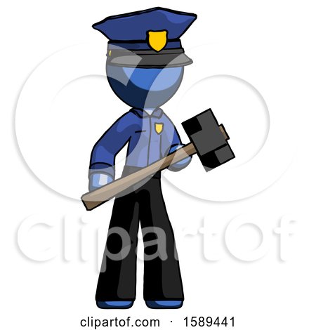 Blue Police Man with Sledgehammer Standing Ready to Work or Defend by Leo Blanchette