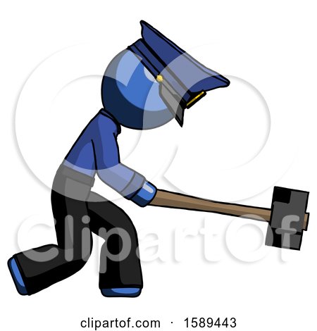 Blue Police Man Hitting with Sledgehammer, or Smashing Something by Leo Blanchette
