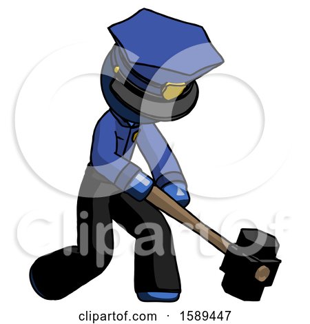 Blue Police Man Hitting with Sledgehammer, or Smashing Something at Angle by Leo Blanchette