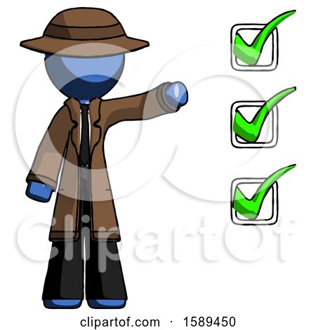 Blue Detective Man Standing by List of Checkmarks by Leo Blanchette