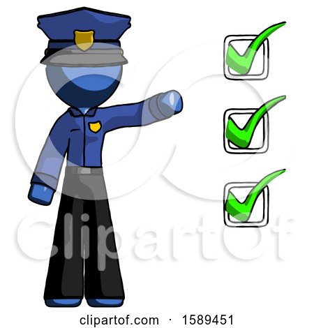 Blue Police Man Standing by List of Checkmarks by Leo Blanchette