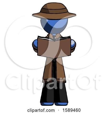 Blue Detective Man Reading Book While Standing up Facing Viewer by Leo Blanchette