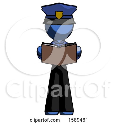 Blue Police Man Reading Book While Standing up Facing Viewer by Leo Blanchette