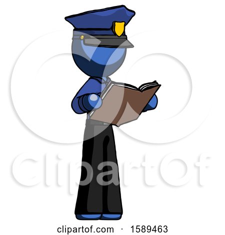 Blue Police Man Reading Book While Standing up Facing Away by Leo Blanchette