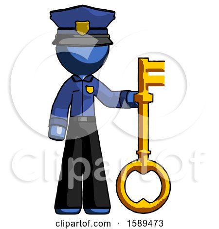 Blue Police Man Holding Key Made of Gold by Leo Blanchette