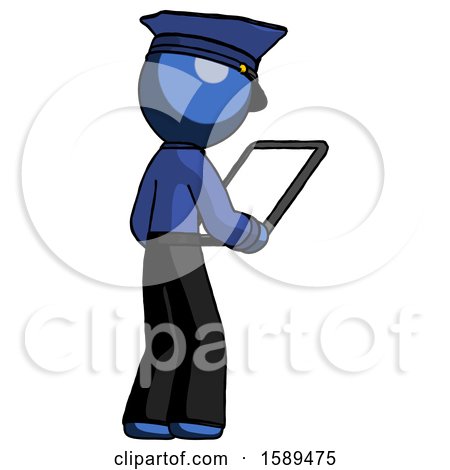 Blue Police Man Looking at Tablet Device Computer Facing Away by Leo Blanchette