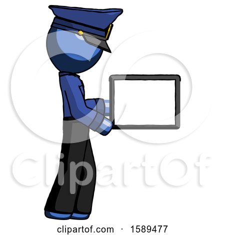 Blue Police Man Show Tablet Device Computer to Viewer, Blank Area by Leo Blanchette