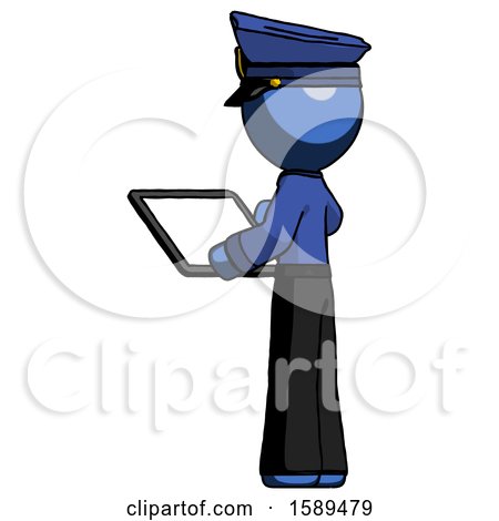 Blue Police Man Looking at Tablet Device Computer with Back to Viewer by Leo Blanchette