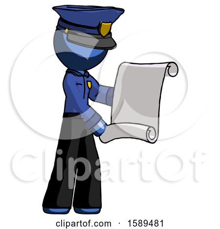 Blue Police Man Holding Blueprints or Scroll by Leo Blanchette