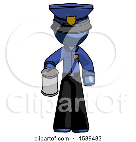 Blue Police Man Begger Holding Can Begging or Asking for Charity by Leo Blanchette