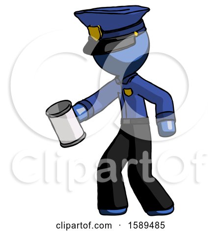 Blue Police Man Begger Holding Can Begging or Asking for Charity Facing Left by Leo Blanchette