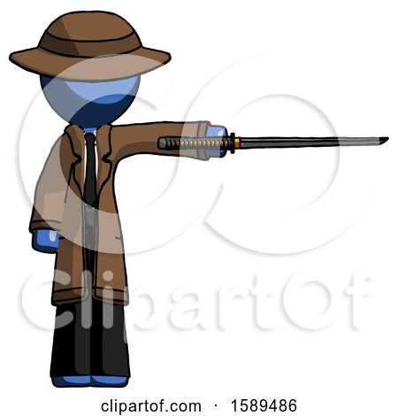 Blue Detective Man Standing with Ninja Sword Katana Pointing Right by Leo Blanchette