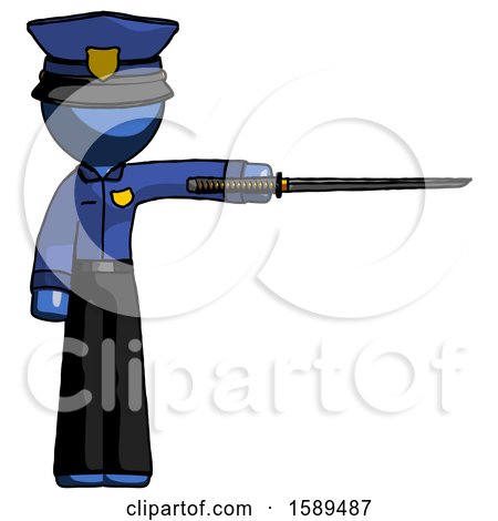 Blue Police Man Standing with Ninja Sword Katana Pointing Right by Leo Blanchette
