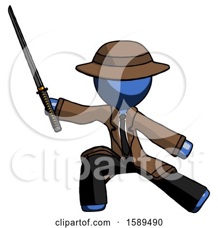 Blue Detective Man with Ninja Sword Katana in Defense Pose by Leo Blanchette