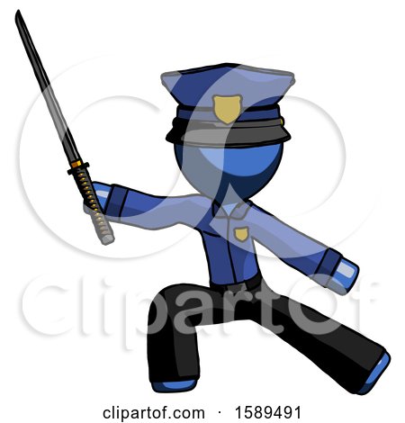 Blue Police Man with Ninja Sword Katana in Defense Pose by Leo Blanchette