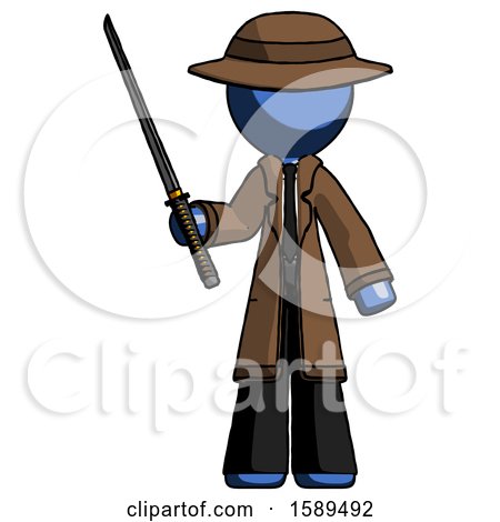 Blue Detective Man Standing up with Ninja Sword Katana by Leo Blanchette