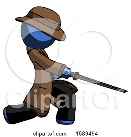Blue Detective Man with Ninja Sword Katana Slicing or Striking Something by Leo Blanchette