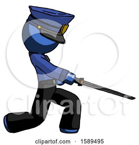 Blue Police Man with Ninja Sword Katana Slicing or Striking Something by Leo Blanchette