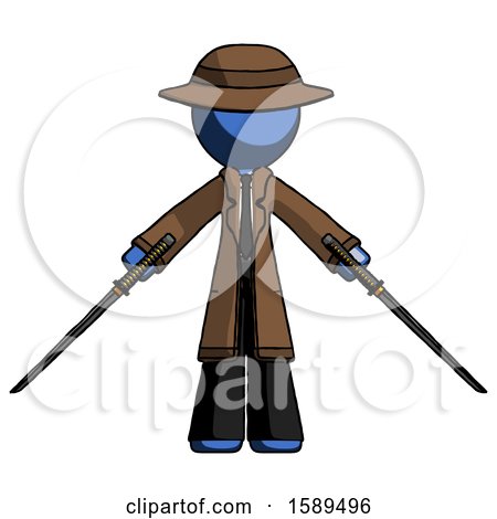 Blue Detective Man Posing with Two Ninja Sword Katanas by Leo Blanchette